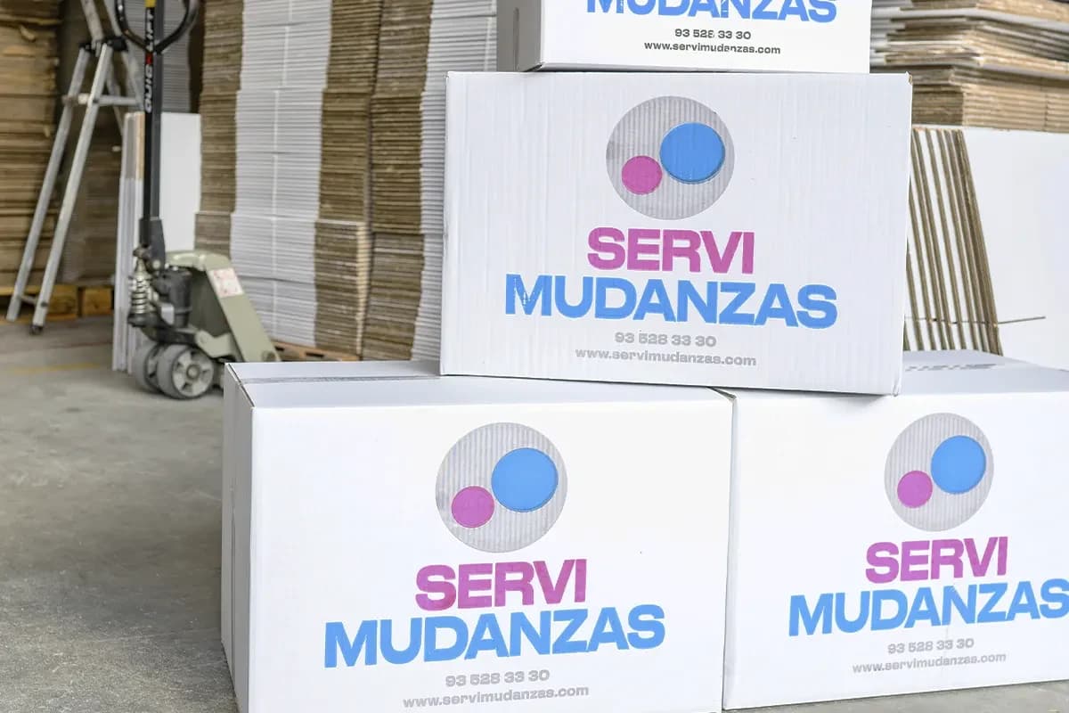 Stock de cajas de mudanza marca Servimudanzas en almacén propio