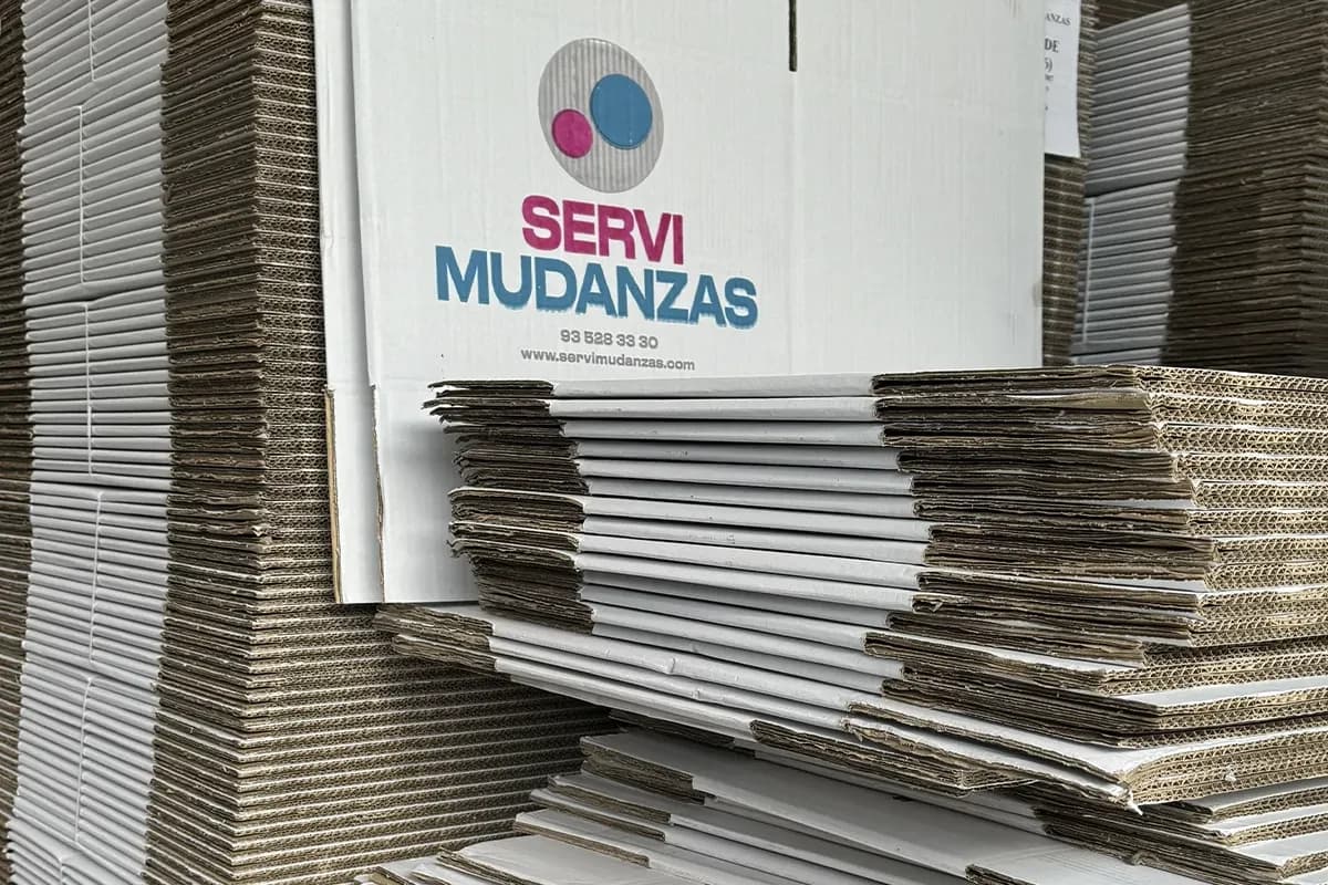 Detalle de cajas de mudanza Servimudanzas con isotipo de marca en almacén propio