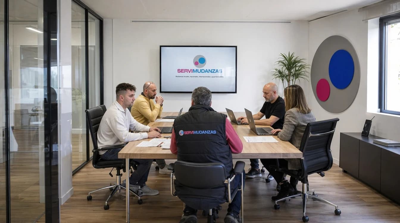 Equipo comercial de Servimudanzas en reunión de planificación de mudanzas en sala con isotipo