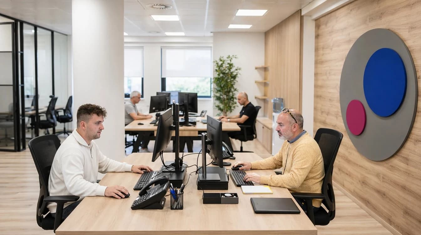 Equipo de Servimudanzas trabajando en oficina con el isotipo de marca en pared de madera