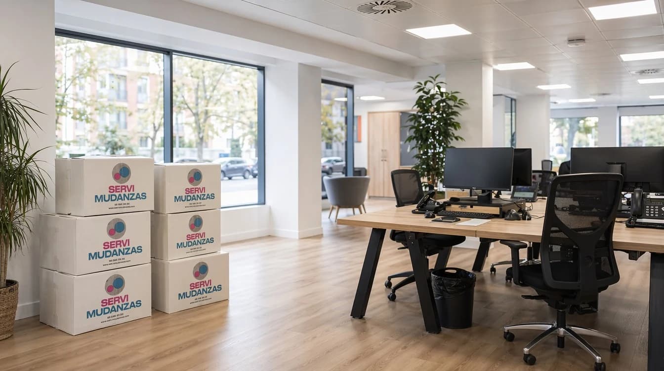 Oficina comercial de Servimudanzas con cajas de mudanza marca apiladas y zona de trabajo